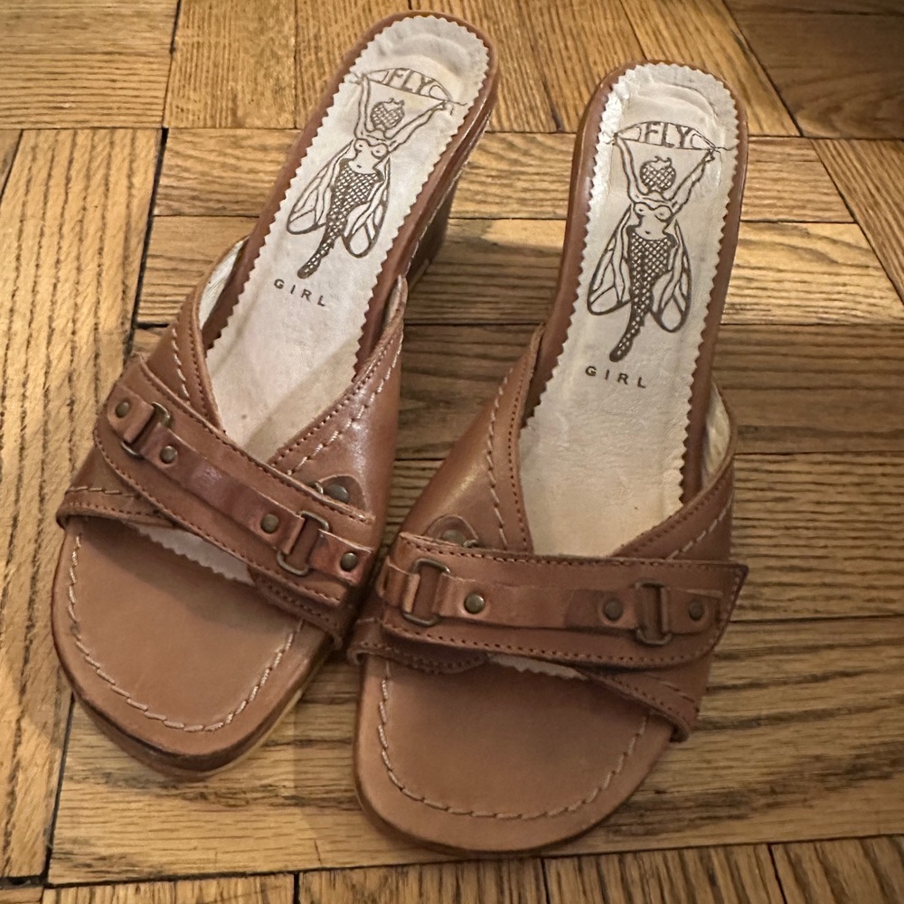 Fly Girl Brown Leather Wedge Sandals Size 37 US 6.5
